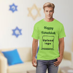 Business Hanukkah Greeting on Lime Green T-Shirt<br><div class="desc">Happy Hanukkah! Wishing you joy, peace and blessing this festival of lights. Holiday to celebrate this December and to advertise also your business. Lime green t-shirt with Hanukkah greeting, your business name and logo. T-Shirt that you can include in your promotional products, giveaway items or gifts to your customers or...</div>