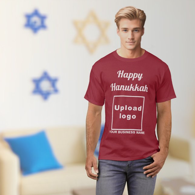 Business Hanukkah Greeting on Maroon T-Shirt (Hanukkah greeting, business name and logo on maroon t-shirt)