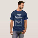 Business Hanukkah Greeting on Navy Blue T-Shirt<br><div class="desc">Happy Hanukkah! Wishing you joy, peace and blessing this festival of lights. Holiday to celebrate this December and to advertise also your business. Navy blue t-shirt with Hanukkah greeting, your business name and logo. T-Shirt that you can include in your promotional products, giveaway items or gifts to your customers or...</div>