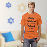 Business Hanukkah Greeting on Orange Color T-Shirt<br><div class="desc">Happy Hanukkah! Wishing you joy, peace and blessing this festival of lights. Holiday to celebrate this December and to advertise also your business. Orange color t-shirt with Hanukkah greeting, your business name and logo. T-Shirt that you can include in your promotional products, giveaway items or gifts to your customers or...</div>