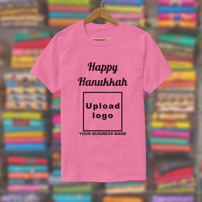 Business Hanukkah Greeting on Pink T-Shirt (Hanukkah greeting, business name and logo on pink t-shirt)