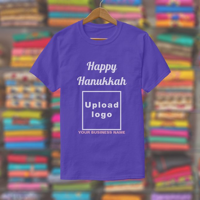 Business Hanukkah Greeting on Purple T-Shirt (Hanukkah greeting, business name and logo on purple t-shirt)