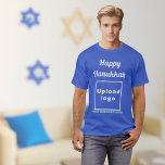 Business Hanukkah Greeting on Royal Blue T-Shirt<br><div class="desc">Happy Hanukkah! Wishing you joy, peace and blessing this festival of lights. Holiday to celebrate this December and to advertise also your business. Royal blue t-shirt with Hanukkah greeting, your business name and logo. T-Shirt that you can include in your promotional products, giveaway items or gifts to your customers or...</div>