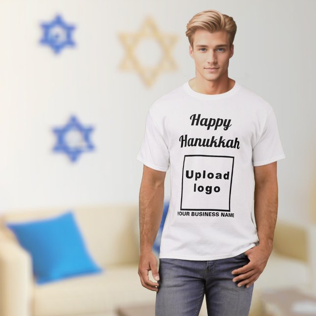 Business Hanukkah Greeting on White T-Shirt (Hanukkah greeting, business name and logo on white t-shirt)