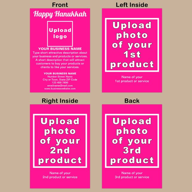 Business Hanukkah Pink Folded Holiday Card (Pink folded holiday card for Hanukkah with your business brand and products or services.)