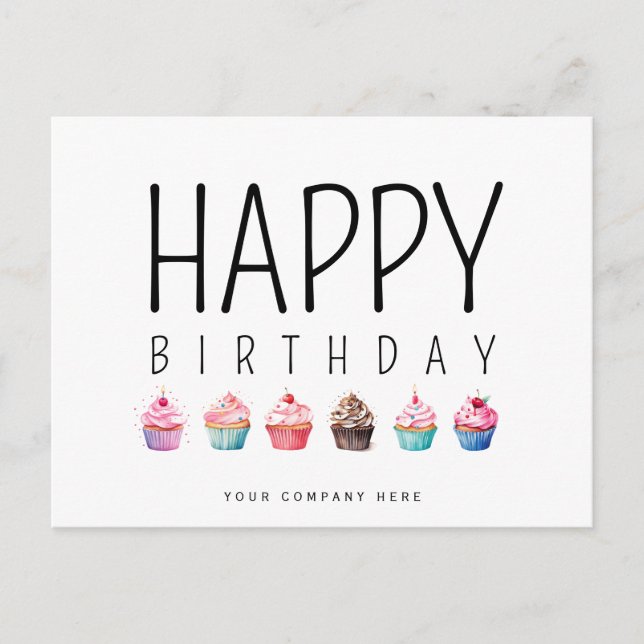 Business Happy Birthday Cupcake Add Logo Postcard (Front)