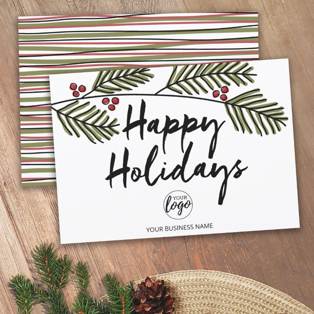 Business Happy Holiday Rustic Pine Tree Branches (Corporate Holiday Card - Modern Rustic Design with Pine Branches - Add Logo)
