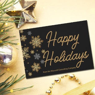 Business Happy Holidays Black Gold Snowflakes Holiday Card