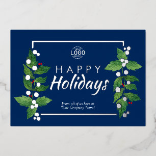 Business Happy Holidays Blue Real Silver Foil Card