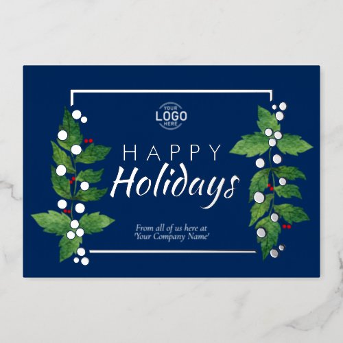 Business Happy Holidays Blue Real Silver Foil Card