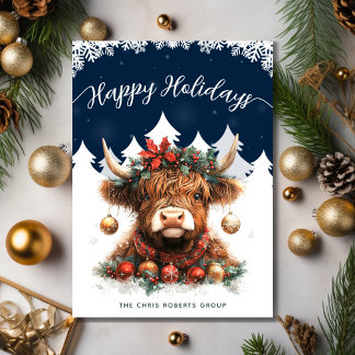 Business Happy Holidays Festive Highland Cow Holiday Card