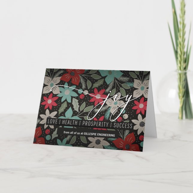 Business Holiday Joy Poinsettias on Black Custom Card (Front)
