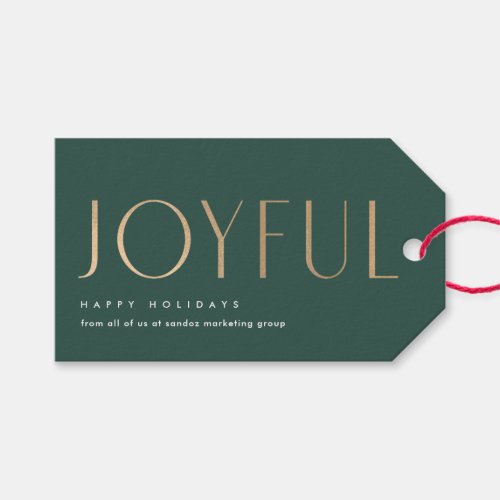 Business Holiday Joyful Simplicity Green and Gold Gift Tags