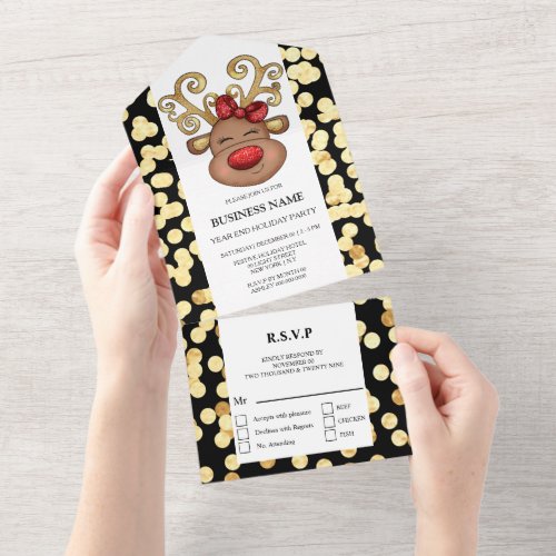 Business holiday party red gold black elegant deer all in one invitation