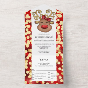 Business holiday party red gold reindeer fun all in one invitation