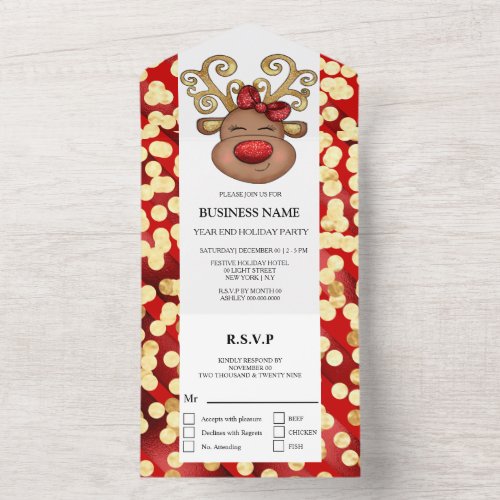 Business holiday party red gold reindeer fun all in one invitation