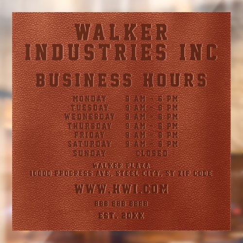 Business Hours Brown Vegan Leather Window Cling