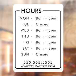 Business Hours Custom Store Window Personalized Cling