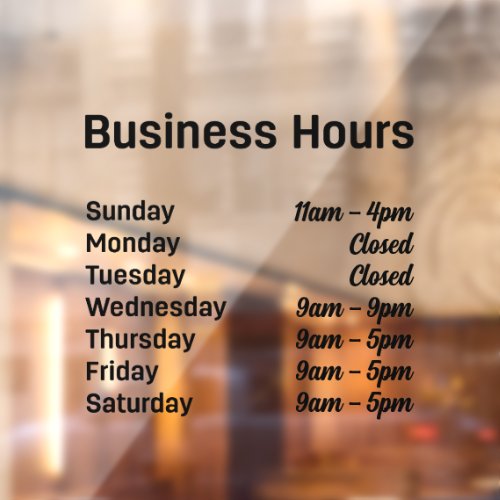 Business Hours Customizable Times   Window Cling