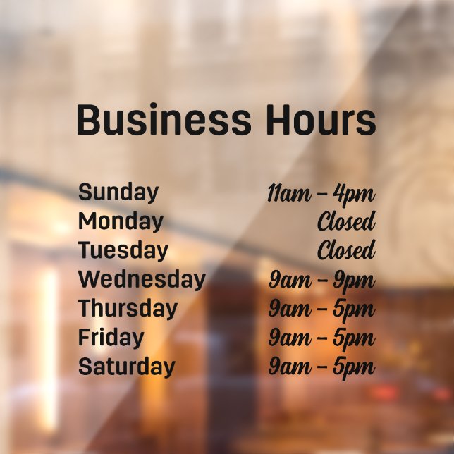 Business Hours Customizable Times   Window Cling (Sheet 2)