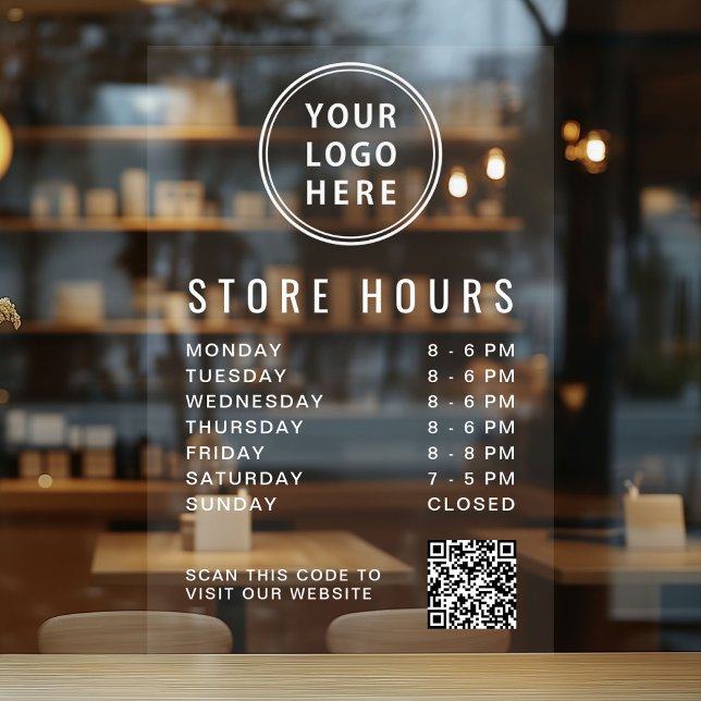 Business Hours Logo QR Code White Lettering Window Cling (Business Hours Logo QR Code White Lettering Window Cling)
