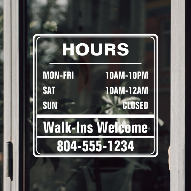 Business Hours of Operation Walk In Phone Number Window Cling (store hours of operation transparent door sticker)