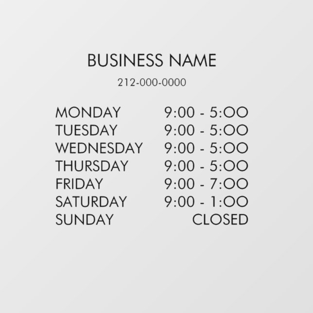 Business Hours Personalized Custom  Window Cling (Sheet)