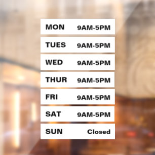Business Hours - White and Black Window Cling