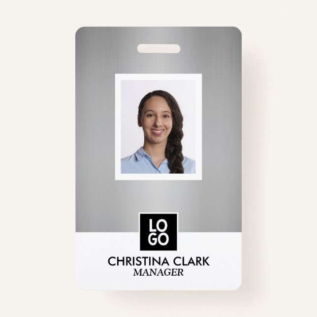 Business ID Employee Photo Logo Name Badge Silver (Front)