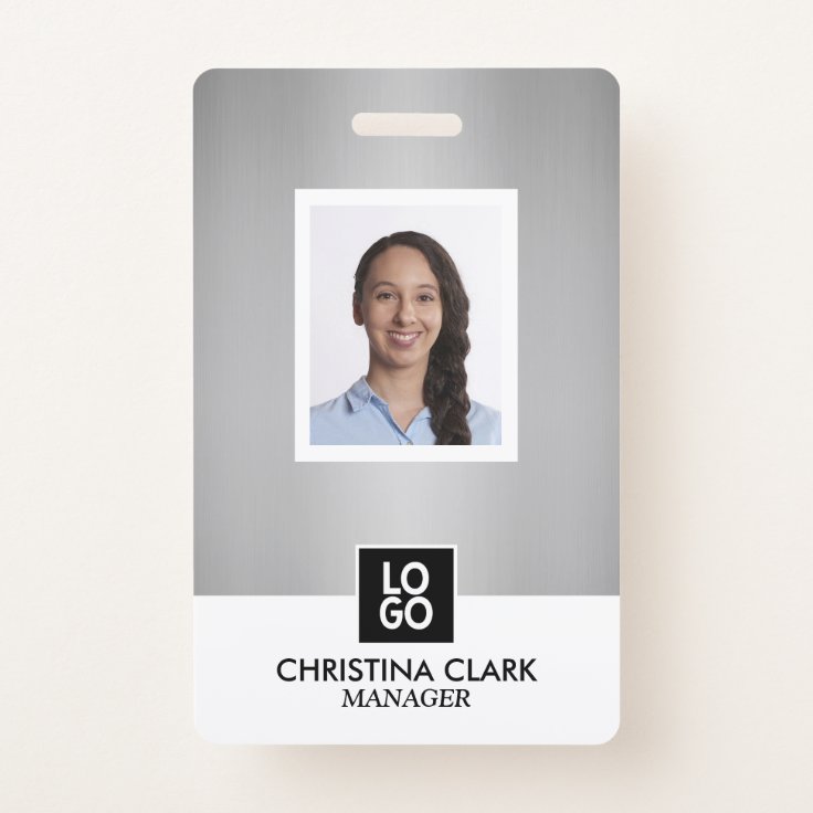 Business ID Employee Photo Logo Name Badge Silver | Zazzle