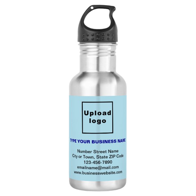 Business Information Light Blue Label Stainless Steel Water Bottle (Front)