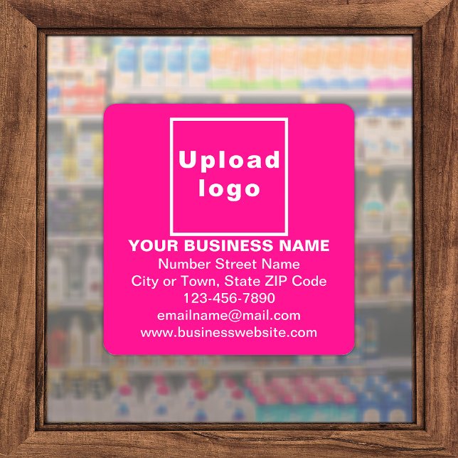 Business Information on Pink Large Square Vinyl Sticker (Advertise your business. Your business brand on pink square vinyl sticker.)