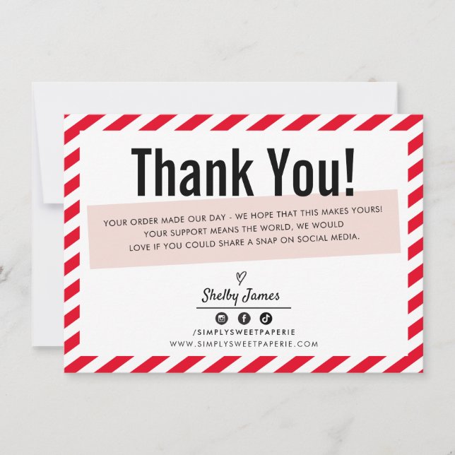 BUSINESS INSERT modern minimal stripe red pink Thank You Card (Front)