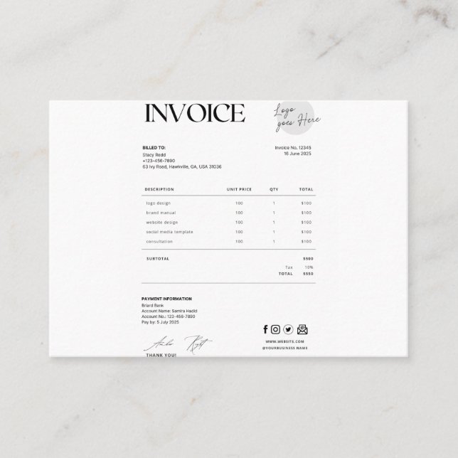 Business invoice calling card (Front)