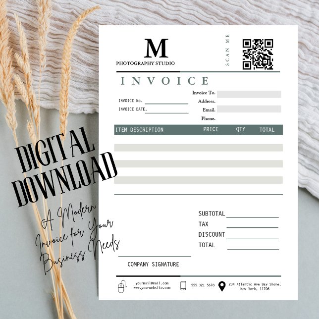 Business Invoice Sales Receipt Monogram Qr Code Card (invoice sales receipt small business modern minimalist client invoice logo service invoice, digital)