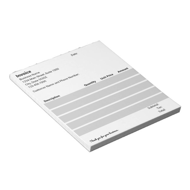 Business Invoice Template Black White Light Gray Notepad (Angled)
