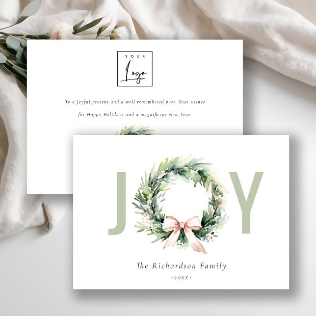 Business Joy Blush Christmas Wreath Corporate Logo Holiday Card (Creator Uploaded)