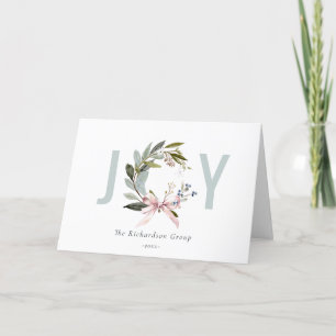 Business Joy Blush Winter Wreath Corporate Logo Holiday Card