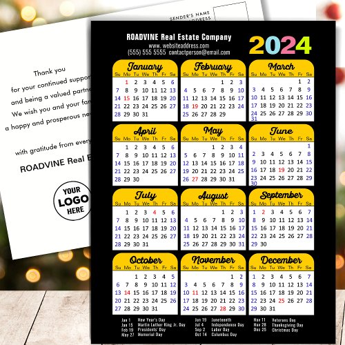 Business Logo 2024 Calendar Black Gold Minimalist Holiday Postcard