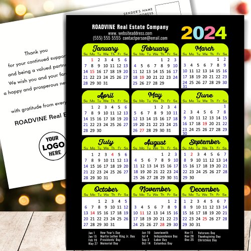 Business Logo 2024 Calendar Black Green Minimalist Holiday Postcard