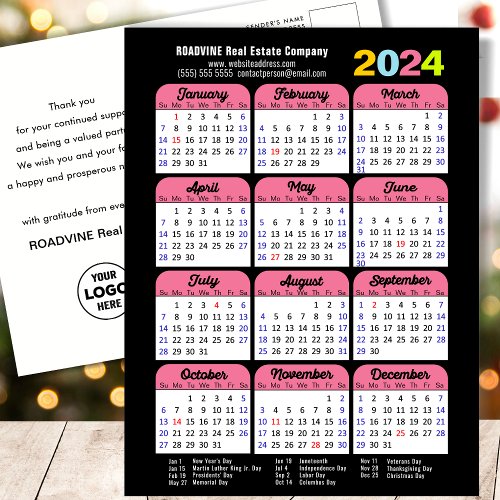 Business Logo 2024 Calendar Black Pink Minimalist Holiday Postcard