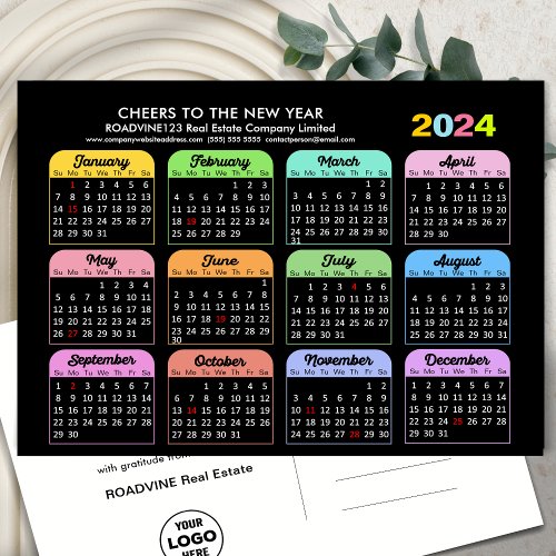 Business Logo 2024 Calendar Modern Black Colorful Holiday Postcard