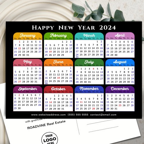 Business Logo 2024 Calendar Modern Black Colorful Holiday Postcard