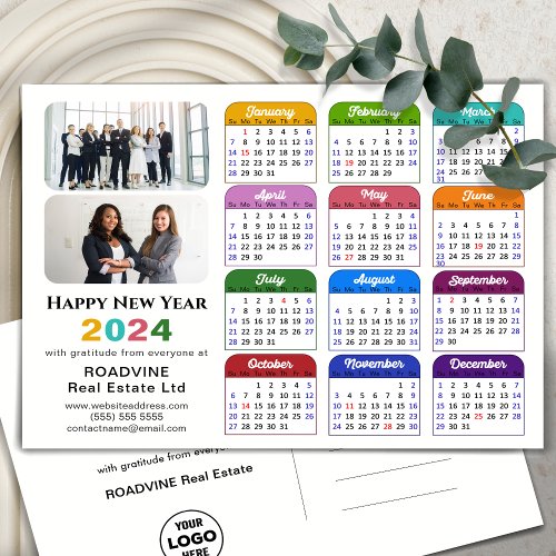 Business Logo 2024 Calendar Modern Black Colorful Holiday Postcard