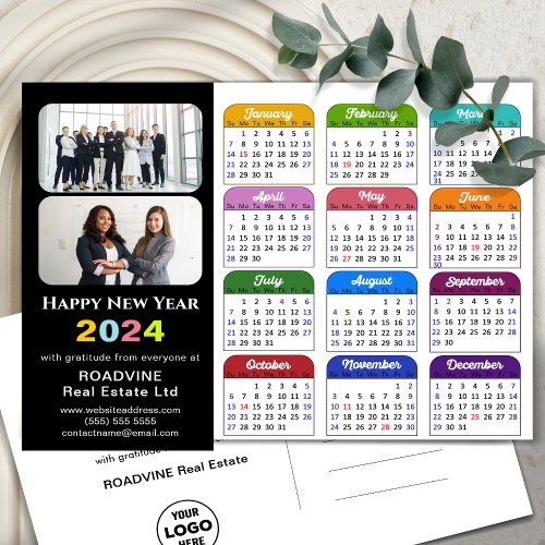 Business Logo 2024 Calendar Modern Black Colorful Holiday Postcard