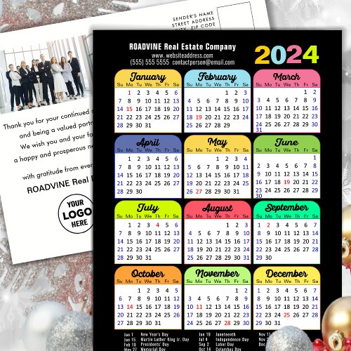 Business Logo 2024 Calendar Modern Black Colorful Holiday Postcard