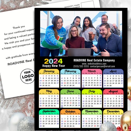 Business Logo 2024 Calendar Modern Black Colorful Holiday Postcard