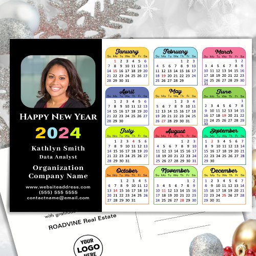 Business Logo 2024 Calendar Modern Black Colorful Holiday Postcard