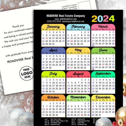 Business Logo 2024 Calendar Modern Black Colorful Holiday Postcard