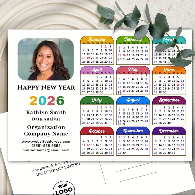 Business Logo 2026 Calendar Modern Black Colorful Holiday Postcard (Creator Uploaded)